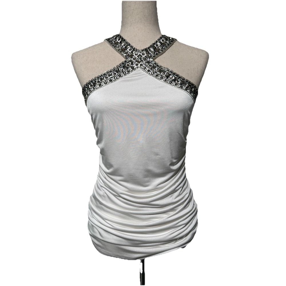 Cache Womens Y2K White Embellished Beaded Halter Tank Top Small Ruching Bridal